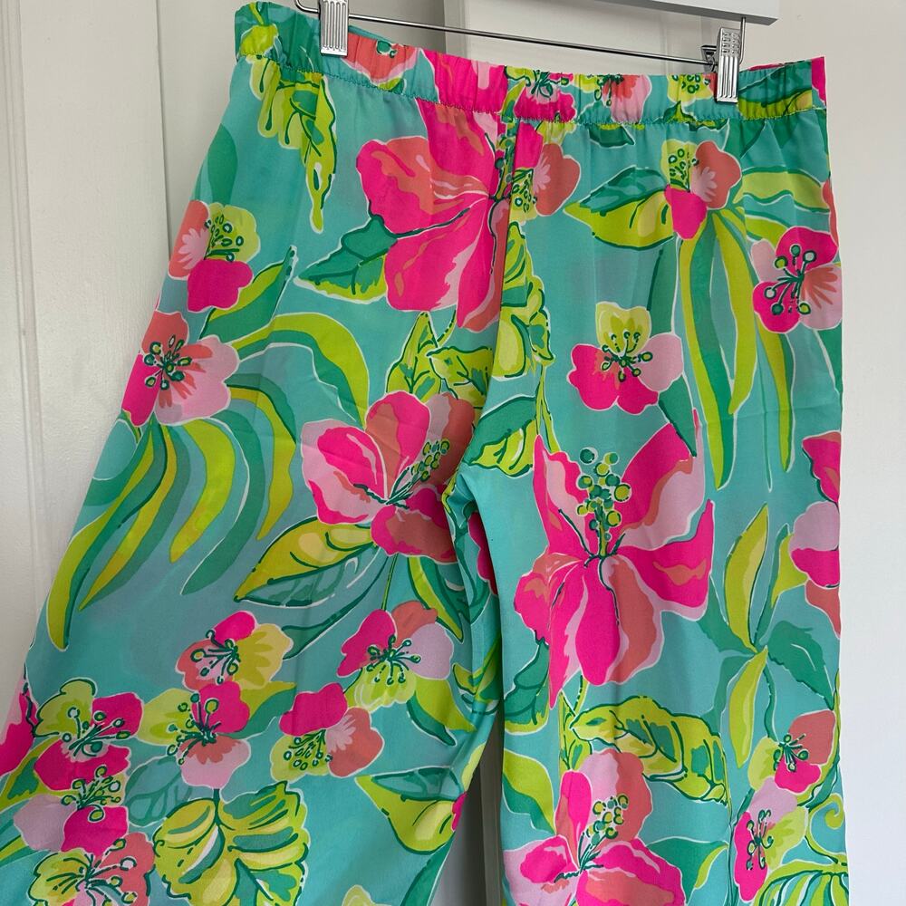 Lilly Pulitzer (M) Turquoise Hibiscus Floral Print Wide Leg Lightweight Pant - Picture 5 of 8